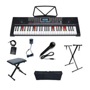 TECLADO MUSICAL ELETRONICO COM 61 TECLAS, ALTO FALANTE STEREO INTEGRADO, ENTRADA PARA FONES DE OUVIDO, PROGRAMADOR DE RITMO E FUNCOES DE TOCADOR DE MUSICA, POSSUI VISOR DE LED DIGITAL, ACOMPANHA PORTA PARTITURA, FONE DE OUVIDO, FONTE E MICROFONE = HXBR-HL-1027-B1
