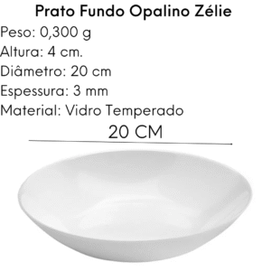 PRATO DE JANTAR FUNDO EM VIDRO OPALINO TEMPERADO BRANCO, MODELO ZELIE, TAMANHO 20CM, MARCA LUMINARC = V7141