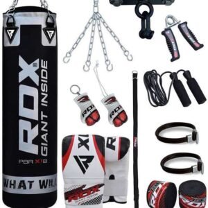 KIT BOXING CONTENDO SACO DE PANCADA COM ESTRUTURA INTERNA ALMOFADADA E ESTRUTURA EXTERNA EM PU DE 120CM, PAR DE LUVAS COM PARTE INTERNA EM TECIDO DE MALHA RESPIRAVEL E PARTE EXTERNA EM PU, TREINADOR DE FORCA DE AGARRO, CORDA, CINTA EMBALADA A MAO, GANCHOS GIRATORIOS EM ACO INOXIDAVEL, PARAFUSOS DE ESPANSAO, MOSQUETAO, CORRENTE DE ACO, 1 PAR DE PROTETORES DE PULSO, 1 PAR DE MANOPLAS DE PULSO, 1 PAR DE PROTETOR DE PALMA, 1 PAR DE PROTETORES DE TORNOZELO E 1 FAIXA DE CABEÇA = BXGL-268-B-2