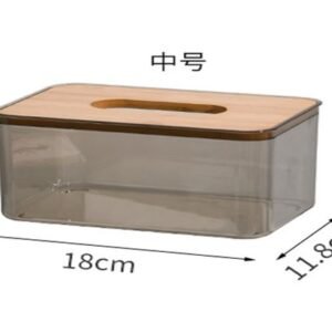 PORTA TOALHA DE PAPEL EM PLASTICO TRANSPARENTE E TAMPA EM BAMBU. DIMENSÕES:  18X11.8X10.8CM