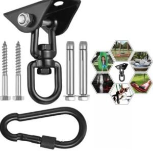 GANCHO PARA FIXAÇÃO NO TETO COMPOSTO POR SUPORTE METÁLICO COM BASE PERFURADA E SISTEMA ARTICULADO GIRATÓRIO, MOSQUETÃO METÁLICO, PARAFUSOS E BUCHAS DE FIXAÇÃO