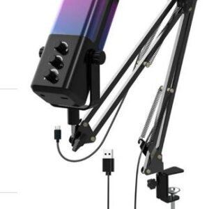 MICROFONE CONDENSADOR GAMER, USO EM COMPUTADOR, COM FIO E ENTRADA USB E PARA FONE, ILUMINACAO RGB, COM BRACO SUSPENSO EM FERRO PARA FIXACAO