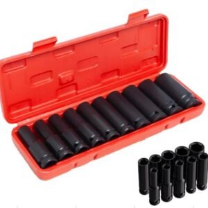 JOGO DE SOQUETES SEXTAVADO DE IMPACTO EM ACO CROMO COM ENCAIXE DE 1/2 POLEGADA CONTENDO 10 PECAS COM TAMANHO DE 10 A 24MM