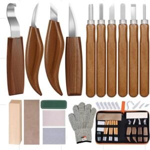 KIT DE FERRAMENTAS PARA ESCULPIR EM MADEIRA CONTENDO 15 PECAS SENDO: 10 FACAS DE ESCULPIR, LIXAS E PAR DE LUVAS EM TECIDO ACONDICIONADOS EM ESTOJO PARA TRANSPORTE