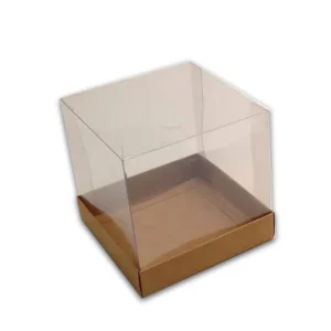 CAIXA PARA EMBALAGEM DE ALIMENTO (BOLO) EM ACRÍLICO COM FUNDO EM PAPEL
