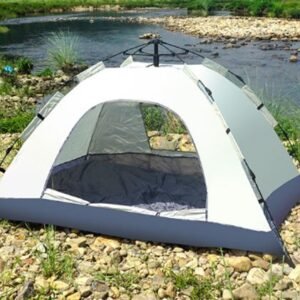 BARRACA PARA CAMPING COM MONTAGEM AUTOMATICA, ESTRUTURA COM VARETAS DE FIBRA DE VIDRO E TENDA EM POLIESTER IMPERMEABILIZADO, CAPACIDADE PARA 3-4 PESSOAS, ACOMPANHA BOLSA DE TRANSPORTE