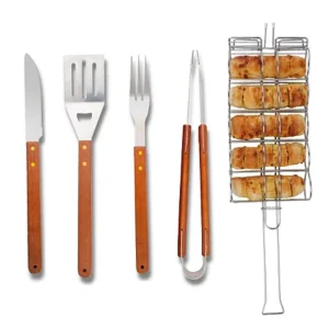 CONJUNTO DE UTENSILIOS PARA CHURRASCO COMPOSTO POR 5 PECAS, FABRICADAS EM ACO INOXIDAVEL, INCLUINDO PINCA, GARFO, FACA, ESPATULA, ESCOVA E ESPETOS. DESTINADO AO PREPARO E MANIPULACAO DE ALIMENTOS EM GRELHAS E CHURRASQUEIRAS.