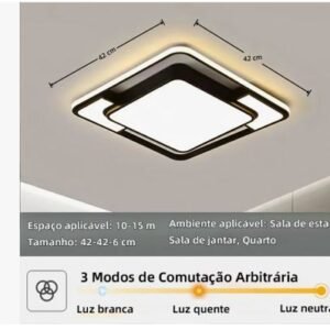 LUMINARIA DE TETO, TIPO PLAFON, MODELO SOBREPOR, FORMATO QUADRADO COM ESTRUTURA EM METAL E DIFUSOR EM ACRILICO COM FONTE EXCLUSIVA DE LUZ DE LED, POSSUI SISTEMA DE CONTROLE DETEMPERATURA DE COR (BRANCA FRIA, NEUTRA E QUENTE). DESTINADO A ILUMINACAO DE AMBIENTES INTERNOS