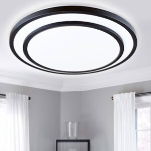 LUMINÁRIA DE TETO COM TECNOLOGIA DE LED INTEGRADA, FORMATO CIRCULAR COM SOBREPOSIÇÃO GEOMÉTRICA, POTENCIA 48W, ESTRUTURA DE LIGA METALICA COM DIFUSOR EM ACRILICO, TENSAO DE OPERACAO 110-240V, TEMPERATURA DE COR AJUSTAVEL (BRANCO QUENTE, NEUTRO E FRIO), DIMENSOES DE 50CM DE DIAMETRO POR 6CM DE ALTURA, ADEQUADO PARA ILUMINACAO DE AMBIENTES INTERNOS