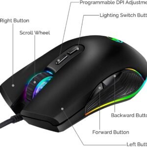 MOUSE GAMER COM FIO, PARA COMPUTADOR, CORPO EM PLASTICO, SENSOR OPTICO, ILUMINACAO DE LED, BOTOES MULTIPLOS PROGRAMAVEIS, RODA DE ROLAGEM, AJUDE DE DPI, CONEXAO USB