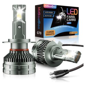 PAR DE LAMPADAS DE LED PARA FAROL DE CARRO COM 80W DE POTENCIA, BRILHO DE 7000 LUMENS, TEMPERATURA DA COR DE 6500K, RESISTENTE A AGUA, MARCA HIGOOGOO