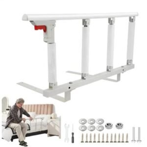 BARRA DE APOIO DE SEGURANCA PARA CAMA, TIPO GRADE LATERAL DOBRAVEL, FABRICADA EM ESTRUTURA METALICA COM PARTES EM PLASTICO, POSSUI SISTEMA DE FIXACAO SOB O COLCHAO, MECANISMO E SUPERFICIE DE APOIO EMBORRACHADA