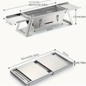 CHURRASQUEIRA DOBRAVEL E PORTATIL EM ACO INOX COM FUNCIONAMENTO A COMBUSTIVEIS SOLIDOS, ACOMPANHA GRELHAS