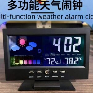 DESPERTADOR DIGITAL ELETRONICO MULTIFUNCIONAL DE MESA, COM DISPLAY DE LCD, FUNCOES DE INDICACAO DE HORA, ALARME, TEMPERATURA AMBIENTE, UMIDADE RELATIVA DO AR, PREVISAO METEREOLOGICA GRAFICA. CORPO EM PLASTICO ALIMENTADO POR PILHAS