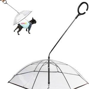 GUARDA CHUVA PET CONFECCIONADO EM MATERIAL PLASTICO TRANSPARENTE, COM ESTRUTURA LEVE E HASTE METÁLICA, EQUIPADO COM SISTEMA DE ENGATE PARA COLEIRA PEITORAL