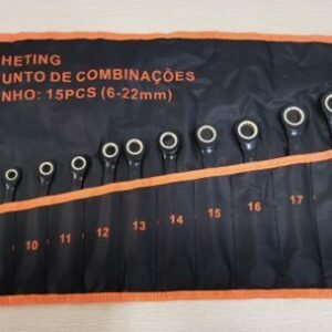 JOGO DE CHAVE CATRACA COMBINADA FEITAS EM AÇO CROMO VANÁDIO DE TAMANHOS VARIADOS QUE VÃO DE 8 ATE 19MM, CONTEM 12 PECAS ACONDICIONADAS EM BOLSA DE TRANSPORTE