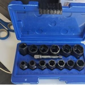 JOGO DE SOQUETES EXTRATORES PARA REMOCAO DE PARAFUSOS E PORCAS DANIFICADAS, FABRICADOS EM ACO LIGA DE ALTA RESISTENCIA, COMPOSTO POR SOQUETES DI DIFERENTES DIAMETROS E ADAPTADOR PARA CHAVE OU CATRAVA, ACONDICIONADO EM ESTOJO ORGANIZADOR DE PLASTICO
