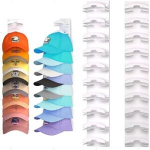 SUPORTE ORGANIZADOR PARA BONES E CHAPEUS, TIPO RACK FIXO NAO DOBRAVEL, FABRICADO EM MATERIAL PLASTICO RESISTENTE, COR PRETA. PROJETADO PARA INSTALACAO EM PAREDE OU ATRAS DE PORTAS, COM DESIGN VERTICAL E MULTICAMADAS. POSSUI APROXIMADAMENTE 18 COMPARTIMENTOS PARA ARMAZENAMENTO INDIVIDUAL DE BONES OU CHAPEUS