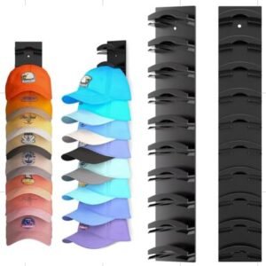 SUPORTE ORGANIZADOR PARA BONES E CHAPEUS, TIPO RACK FIXO NAO DOBRAVEL, FABRICADO EM MATERIAL PLASTICO RESISTENTE, COR PRETA. PROJETADO PARA INSTALACAO EM PAREDE OU ATRAS DE PORTAS, COM DESIGN VERTICAL E MULTICAMADAS. POSSUI APROXIMADAMENTE 18 COMPARTIMENTOS PARA ARMAZENAMENTO INDIVIDUAL DE BONES OU CHAPEUS