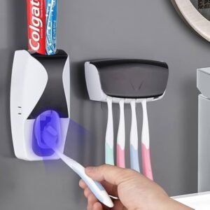 SUPORTE DE PAREDE PARA ESCOVAS DE DENTES COM DISPENSADOR AUTOMÁTICO DE PASTA DENTAL, FABRICADO EM PLASTICO ABS