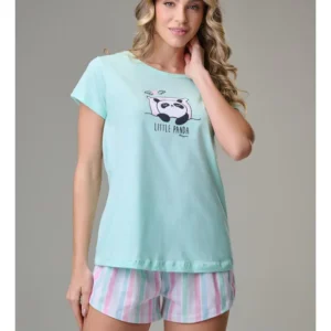 PIJAMA FEMININO COMPOSTO POR BLUSA DE MANGA CURTA COM SHORTS, CONFECCIONADO EM MALHA DE FIBRAS NATURAIS DE ALGODAO, USO ADULTO