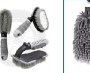 KIT DE ESCOVAS PARA LIMPEZA AUTOMOTIVA CONTENDO 4 ESCOVAS DE DIFERENTES TAMANHOS COM CABO EM PLASTICO. ACOMPANHA LUVA DE MICROFIBRA