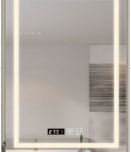 ESPELHO PARA BANHEIRO COM MOLDURA EM PLASTICO QUADRADO, LUZ DE LED EMBUTIDA, FUNCIONAMENTO ELÉTRICO 110V, 3 TEMPERATURAS DE COR