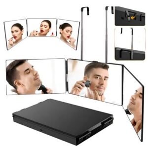 ESPELHO EM VIDRO TRIPLO DOBRAVEL PORTATIL COM VISAO 360° E GANCHOS AJUSTAVEIS, MOLDURA EM PLASTICO