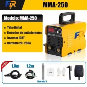 MAQUINA DE SOLDA ELETRICA INVERSORA, USO PROFISSIONAL, AJUSTE DE TENSAO E CORRENTE AUTOMATICO, ARCO TERMICO, MULTI FUNCIONAL MIG-TIG-MMA, COM SAIDA NOMINAL DE 250A, ADEQUADA PARA SOLDAGEM DE ACO CARBONO, FERRO, ACO INOXIDAVEL E OUTROS METAIS, FUNCIONA SEM CILINDRO DE GAS, COM CAPACIDADE PARA SOLDA DE 2 A 12MM, UTILIZA FIO DE SOLDA DE 0.6, 0.8 OU 1.0MM E HASTES DE SOLDAGEM MANUAL 2.0, 2.5 OU 3.2MM, ACOMPANHA MACARICO DE SOLDAGEM, FIO DE BASE DE 1.2 METROS, ARAME DE SOLDA DE 1.8 METROS, SOQUETE DE SOLDAGEM MANUAL, LUVAS DE SOLDAGEM, MARTELO DE ESCORIA, ALCA TRASEIRA, BICO CONDUTOR, VARETA DE SOLDA E ARAME DE SOLDA