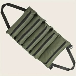 ORGANIZADOR DOBRAVEL PARA FERRAMENTAS, FABRICADA EM TECIDO DE POLIESTER, COM CINCO COMPARTIMENTOS COM ZIPER, UTILIZADA PARA ARMAZENAMENTO E TRANSPORTE DE FERRAMENTAS MANUAIS, COM ALCA PARA TRANSPORTE E FIXACAO