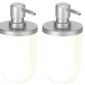 PORTA SABÃO LIQUIDO COM CORPO EM PLASTICO E ACABAMENTO EM AÇO, CAPACIDADE PARA 500ML, KIT COM 2 PECAS