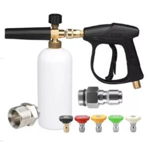 PULVERIZADOR MANUAL PORTATIL TIPO ESPUMADOR COM RESERVATORIO DE 1 LITRO, UTILIZADO PARA APLICACAO DE ESPUMA DE SABAO EM PROCESSO DE LIMPEZA. FABRICADO EM PLASTICO COM COMPONENTES METALICOS E VALVULA REGULADORA DE FLUXO. ACOMPANHA CONECTOR RAPIDO DE 1/4, CONJUNTO DE BICOS INTERCAMBIAVEIS COM DIFERENTES REGULAGENS DE ESPUMA E LUVA EM MICROFIBRA