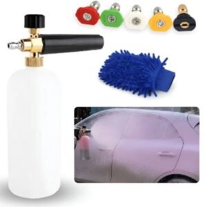 PULVERIZADOR MANUAL PORTATIL TIPO ESPUMADOR COM RESERVATORIO DE 1 LITRO, UTILIZADO PARA APLICACAO DE ESPUMA DE SABAO EM PROCESSO DE LIMPEZA. FABRICADO EM PLASTICO COM COMPONENTES METALICOS E VALVULA REGULADORA DE FLUXO. ACOMPANHA CONECTOR RAPIDO DE 1/4, CONJUNTO DE BICOS INTERCAMBIAVEIS COM DIFERENTES REGULAGENS DE ESPUMA E LUVA EM MICROFIBRA