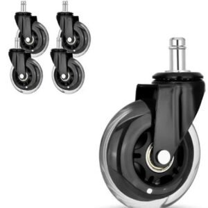 KIT COM RODIZIOS (RODAS) GIRATORIOS PARA CADEIRA DE ESCRITORIO, FABRICADOS EM SILICONE E METAL, COM ROLAMENTO DE ESFERAS, PINO DE ENCAIXE, UTILIZADOS PARA MOVIMENTACAO DE MOVEIS EM PISOS DIVERSOS, KIT COM 4 PECAS