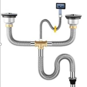 SIFAO E TUBOS DE DRENAGEM PARA PIA DUPLA, FABRICADO EM ACO INOXIDAVEL COM CONEXOES E MANGUEIRAS FLEXIVEIS. COMPOSTO POR TUBOS FLEXIVEIS, CONEXOES EM "T", VALVULAS DE ESCOAMENTO E ACESSORIOS DE INSTALACAO