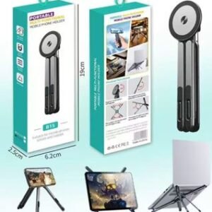 SUPORTE DOBRAVEL MAGNETICO PARA TELEFONE MOVEL E TABLET, FABRICADO EM LIGA DE ALUMINIO E SILICONE, COM AJUSTE DE ANGULO E ALTURA, INDICADO PARA APOIO E FIXACAO DE DISPOSITIVOS ELETRONICOS PORTATEIS