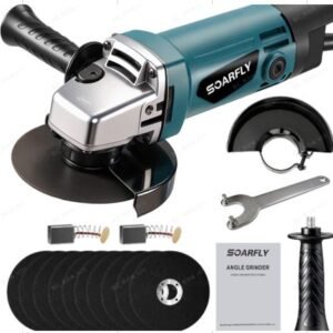 ESMERILHADEIRA ANGULAR ACIONADA POR MOTOR ELETRICO, UTILIZADA PARA CORTE, DESBASTE E ACABAMENTO DE SUPERFICIES. POTENCIA 950W, VOLTAGEM 110V, ROTACAO 11000 RPM. ACOMPANHA DISCOS ABRASIVOS, CHAVES DE APERTO, ESCOVAS DE CARVAO SOBRESSALENTES E MANUAL DE INSTRUCOES, MARCA SOARFLY