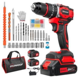 FURADEIRA/ PARAFUSADEIRA ELETRICA PORTATIL ALIMENTADA POR BATERIA RECARREGAVEL DE ION DE LITIO COM CONTROLE DE TORQUE E VELOCIDADE VARIAVEL, MANDRIL DE APERTO RAPIDO E FUNCAO REVERSIVEL. O KIT ACOMPANHA DUAS BATERIAS, CARREGADOR BIVOLT, CONJUNTO DE BROCAS HELICOIDAIS, PONTAS DE PARAFUSAMENTO (BITS), EXTENSORES PARA BITS, SOQUETES SEXTAVADOS, ADAPTADORES, ACESSORIOS PARA PERFURACAO E FIXACAO. INCLUI BROCAS LONGAS, ESCOVA E ACESSORIOS PARA LIMPEZA, ACOMPANHA BOLSA DE TECIDO PARA TRANSPORTE, MARCA IRONHOOF