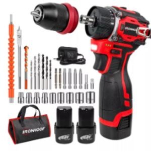 FURADEIRA/ PARAFUSADEIRA ELETRICA PORTATIL ALIMENTADA POR BATERIA RECARREGAVEL DE ION DE LITIO COM CONTROLE DE TORQUE E VELOCIDADE VARIAVEL, MANDRIL DE APERTO RAPIDO E FUNCAO REVERSIVEL. O KIT ACOMPANHA DUAS BATERIAS, CARREGADOR BIVOLT, CONJUNTO DE BROCAS HELICOIDAIS, PONTAS DE PARAFUSAMENTO (BITS), EXTENSORES PARA BITS, SOQUETES SEXTAVADOS, ADAPTADORES, ACESSORIOS PARA PERFURACAO E FIXACAO. INCLUI BROCAS LONGAS, ESCOVA E ACESSORIOS PARA LIMPEZA, ACOMPANHA BOLSA DE TECIDO PARA TRANSPORTE, MARCA IRONHOOF