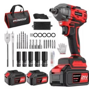 PARAFUSADEIRA DE IMPACTO SEM FIO, COM TORQUE MAXIMO DE 520 N.M SEM ESCOVA, POSSUI CONTROLE DE VELOCIDADE, TRAVA, LUZ DE LED E BRACADEIRA. FUNCIONAMENTO POR BATERIA DE 21V. O PRODUTO ACOMPANHA 2 BATERIAS, CARREGADOR, CONJUNTO DE SOQUETES, BROCAS, ADAPTADOR, LUVA DE TECIDO, ACONDICIONADOS EM UMA BOLSA DE TECIDO, MARCA IRONHOOF